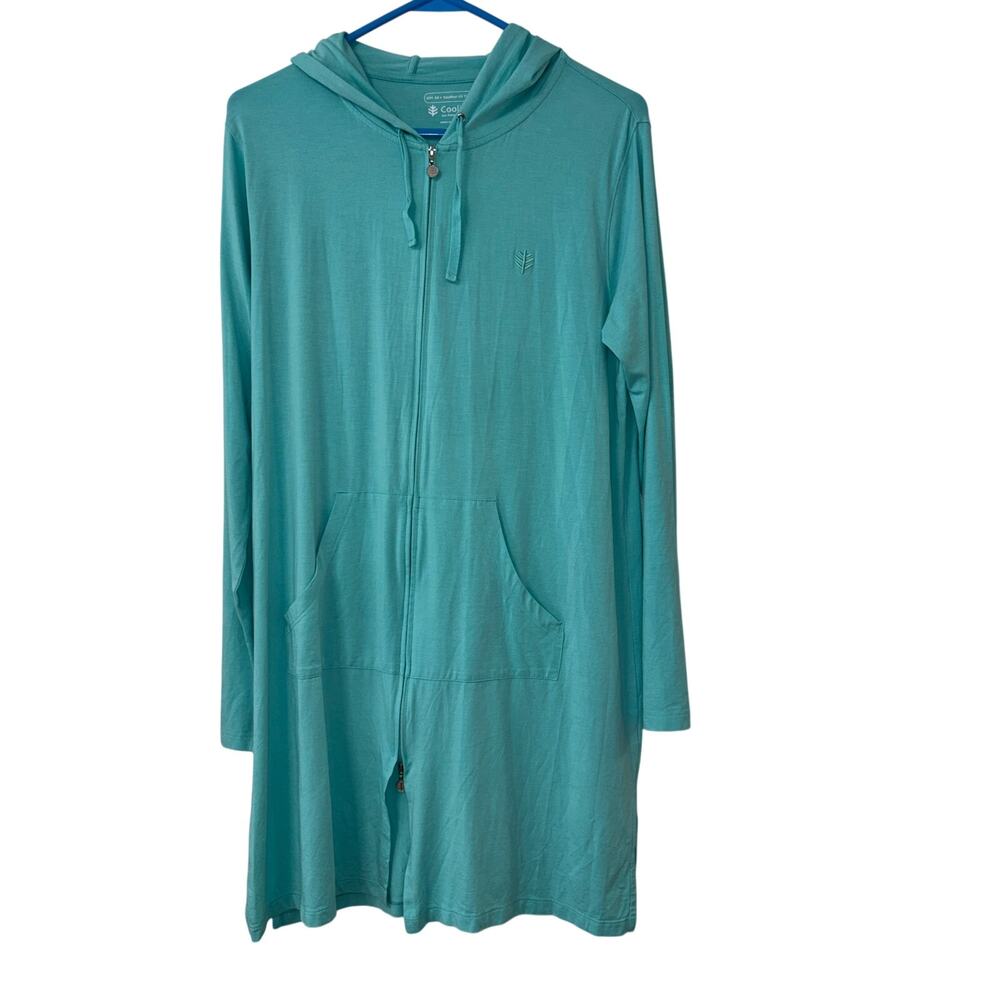 Coolibar UPF 50+ Women’s Zip Hoodie Sun Shirt Aqua Blue Long Sleeve Swim Coverup